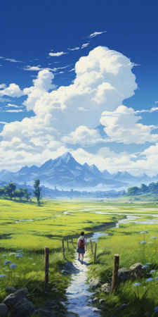 a wetland road surrounded by a picturesque scenery of blue sky and white clouds, with a grassland and mountains and rivers in the background. the illustration captures a fresh style with high saturation, and in the distance, a little charles can be seen walking. ai generatedの素材
