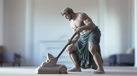 a greek man statue cleaning the floor of an office building in a baroque-inspired style. this 3d stock resolution photo captures the rollerwave effect and showcases high quality with precise painting and a matte finish. the statue's strong facial expression adds to its captivating presence. keywords: greek man, cleaning, floor, office building, 3d stock resolution, baroque-inspired, rollerwave, high quality, precise painting, matte photo. ai generatedの素材