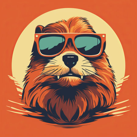 a dog wearing sunglasses with bunny-shaped lenses is depicted in this bold poster-style illustration. the color palette consists of dark orange and cyan, enhancing the strong facial expression of the dog. the artwork showcases detailed wildlife elements and is inspired by retro-style graphic design illustrations. ai generatedの素材