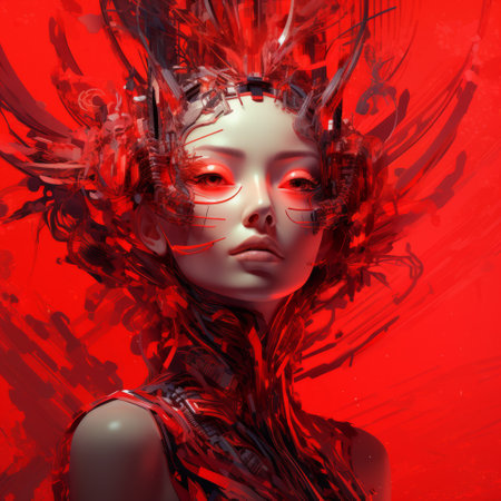 a woman wearing a striking red and black costume is featured in this surreal cyberpunk-inspired image. the realistic hyper-detailed portrait captures the chaotic energy of the scene, with asian-inspired elements and a vray rendering. the woman's costume appears to be made of glass, showcasing fluid and organic shapes. ai generatedの素材