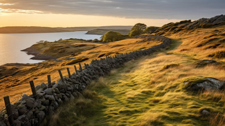 stone wall on hillside by loch lomond in dumfries shire, lanberis, scotland. winter sun illuminates the landscape, creating a stunning contrast of light orange and light green hues. this award-winning photo captures the essence of the australian landscape, while also showcasing the breathtaking views of the suffolk coast. the contrasting lights and darks evoke a sense of prairiecore, reminiscent of a national geographic masterpiece. aiの素材