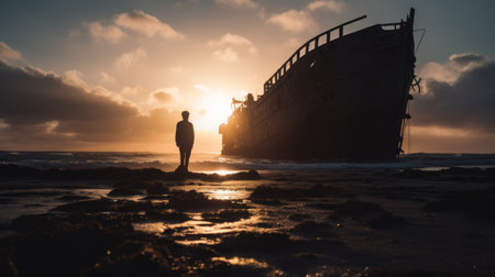 a man gazes at a decaying boat on the beach during a captivating sunset. the scene evokes a post-apocalyptic ambiance, captured with the zeiss batis 18mm f2.8 lens. the image showcases soft-focus portraits, reminiscent of iconic hollywood stars. the photo employs photo-realistic techniques, utilizing long exposure and a wide-angle lens. ai generatedの素材