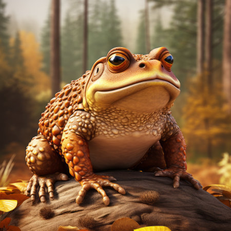 a cartoon frog perched on a rock amidst a heap of leaves, showcasing a hyperrealistic environment. this image captures the essence of realistic and hyper-detailed renderings, reminiscent of national geographic photos. the artistic style draws inspiration from renowned artists like george stubbs, while the use of octane render brings out the vibrant hues of light brown and orange. ai generatedの素材