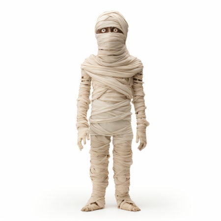 a young babe dressed in a mummy bandit costume stands alone on a white background. the image captures the essence of minimalist sculptor style, with erased and obscured details. this life-size figure, reminiscent of a maquette, is perfect for creative commons attribution, solapunk, and robotics kids projects. ai generatedの素材