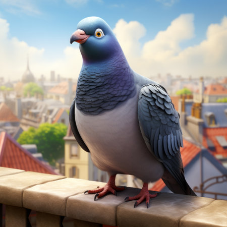 a dark blue pigeon stands out in a cityscape, resembling photorealistic renderings. the pigeon's appearance is reminiscent of disney animation and cartoon-like characters, with light gray and pink accents. the realistic blue skies provide a vibrant backdrop for this briton riviere-inspired scene, showcasing detailed character expressions. ai generatedの素材