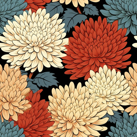chrysanthemum floral design seamless pattern vector illustration in the style of san francisco. the pattern features a combination of dark sky-blue and dark orange, black and beige, and light aquamarine and red. inspired by classic japanese simplicity, the design showcases digitally enhanced and detailed illustrations in dark beige and black. ai generatedの素材
