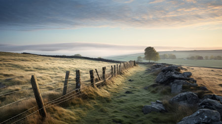 a misty and atmospheric photograph showcasing a traditional british landscape. the image features a grassy field with a fence and tall grass, creating a layered and captivating composition. the use of terragen and rim light adds depth and enhances the overall visual appeal. this stunning 32k uhd photo captures the essence of a serene and picturesque scene, reminiscent of national geographic's captivating imagery. ai generatedの素材