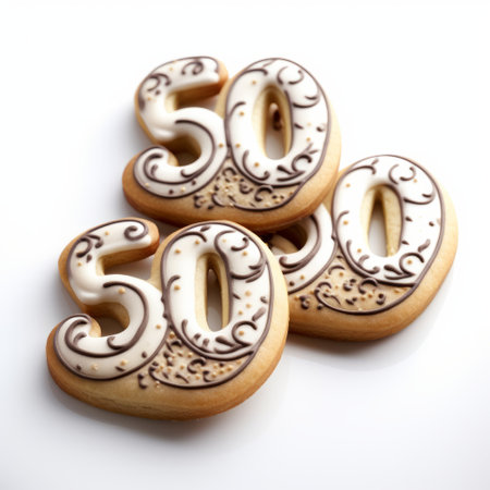 the 50th birthday cookie is showcased in this stock photo, set against a background of sugar cookies. the design of the cookie features art nouveau curves, adding an elegant touch. this high-quality photo captures the numerical complexity of the cookie design, despite its low resolution. the detailed miniatures and long exposure create a visually captivating image, enhanced by the intricate ink work. ai generatedの素材