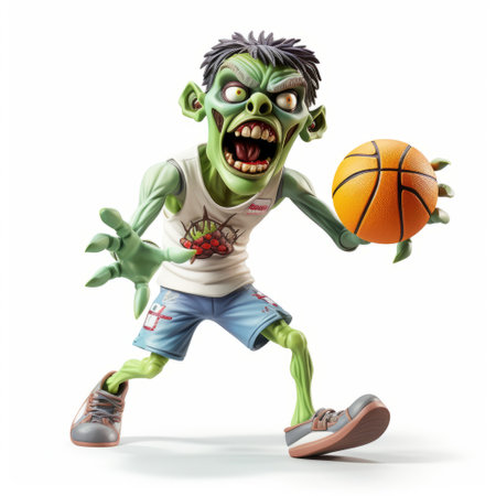 a cartoon zombie basketball player, wearing blue shorts, fiercely grips a basketball stick in this zbrush-style image. the character's facial expression is intense, showcasing a strong determination. the color palette features light green and red tones, creating a visually striking composition. this associated press photo captures the essence of grotesque characters, showcasing a unique style known as "frogcore" in the world of ue5. ai generatedの素材