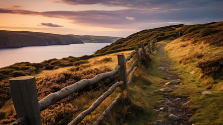 the wooded trail of cong waterfall in ireland showcases a serene and picturesque setting. with its calm seas and skies, this trail offers breathtaking views of richly colored skies in shades of light amber and purple. the expansive landscapes and coastal scenes create a pastoral landscape bathed in golden light. ai generatedの素材