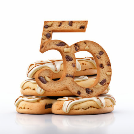 a stack of chocolate chip cookies shaped into the number 50, inspired by the artistic styles of boris grigoriev, mike campau, and sofonisba anguissola. the cookies are beautifully arranged with a light white and amber color palette, creating a zany and historical vibe. ai generatedの素材
