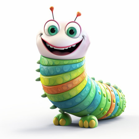 a 3d clip illustration featuring a joyful and whimsical caterpillar animation in four vibrant colors. the detailed character design showcases a robotic kids' style, with the caterpillar's mouth open in a playful manner. the use of light and shadow adds depth to the illustration, creating a captivating and lively scene. this unique artwork, made of insects, exudes a figura serpentinata aesthetic. ai generatedの素材