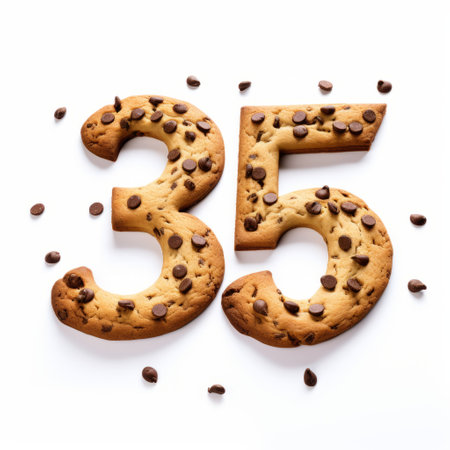 a photo of a cookie shaped like the number 35, featuring a detailed background with elements of data visualization. the wide angle lens captures the lettering mastery, emotive gestures, and expressions. the long exposure adds a dynamic effect to the image. animals are symbolically incorporated into the composition. ai generatedの素材