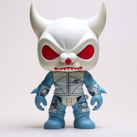 funko pop devil toy captured in an intensely detailed and aggressive digital illustration. the dark white and light blue color scheme adds a touch of mystery, while the backlight enhances the overall effect. this low-resolution image showcases the intricate details of the toy, portraying a sense of suburban ennui in dark white and light gray tones. ai generatedの素材