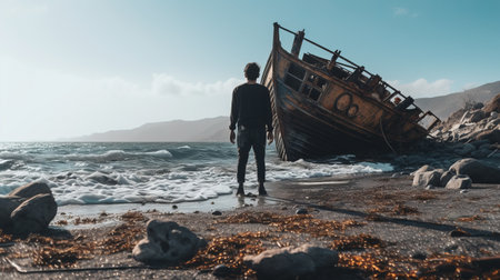 a man gazes at a decaying boat on a vast, desolate beach, reminiscent of mythological and post-apocalyptic settings. this evocative image captures the essence of emotive storytelling and the fusion of ocean academia with unapologetic grit. the work of douglas smith, it showcases humanistic empathy in a visually striking manner. ai generatedの素材