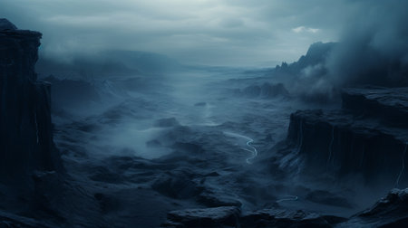 a photo of a dark misty blue desert canyon, captured from a bird's eye perspective. the vast expanse of the canyon is visible beneath a dark sky, surrounded by a shroud of black mist. the ground is covered in dark, black sand, adding to the eerie and mysterious atmosphere of the scene. ai generatedの素材