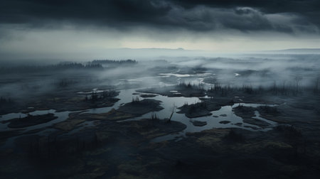 aerial view of the misty colorado marsh, surrounded by a dark and mysterious ambiance. the vast expanse of black mist blankets the landscape, while the ground is adorned with dark, black sand, intensifying the eerie atmosphere. ai generatedの素材