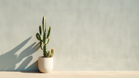 white lilypad cactus on wooden surface against gray wall. soft focus style with experimental pottery and polished concrete elements. playful use of light and shadow creates a desertwave aesthetic. minimalist figures in light brown and sky-blue hues add a touch of simplicity to the composition. ai generatedの素材