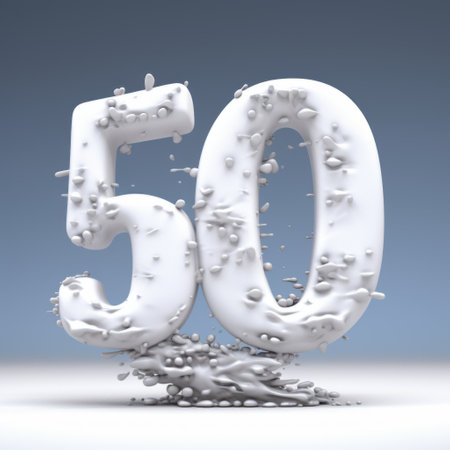 the number 50 is displayed on a clean white background, surrounded by splashing water. this artwork, inspired by the styles of adam martinakis, carl barks, and serge marshennikov, showcases a spectacular show of ages. with ambient occlusion and high resolution, the image captures the essence of mobile sculptures. ai generatedの素材