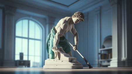 hair stylist cleaning the living room carpet with a dyson vacuum cleaner. the ancient greek marble man statue adds a touch of elegance to the modern house while the carpet gets a thorough clean. ai generatedの素材