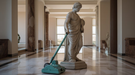 clean floors in a classical structure from delux cleaning, featuring a feminine sculpture in the style of 19th-century classical art. the photograph captures the forced perspective and showcases the use of fujifilm eterna 400t film. the image is rich in historical allegories, with biblical iconography and influences from post-world war i european classicism. ai generatedの素材