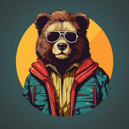 a man is depicted riding a bear in this vector illustration. the image features a white background and is created in the style of saturated color schemes, with photographically detailed portraitures. the illustration embodies elements of forestpunk, celebrity-portraits, dark teal and amber colors, industrial design, and brightly colored aesthetics. ai generatedの素材