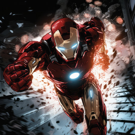iron man in action, fighting criminals with lethal methods. medium: digital illustration. style: intense action, dynamic details. lighting: explosive lights, harsh shadows. colors: red, black, white. composition: close-up shot on the action. ai generatedの素材