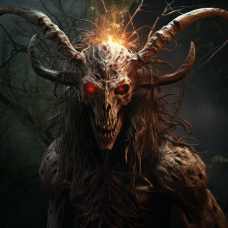 a demon skull with horns is depicted in front of a forest, showcasing a realistic rendering of the human form in the style of unreal engine. the image captures a brooding mood with its dark brown and red color palette, reminiscent of xbox 360 graphics. this celestialpunk-inspired artwork exudes a changelingcore aesthetic. ai generatedの素材