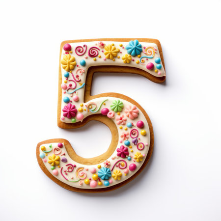 a cookie with the number 5 on it is adorned with vibrant flowers, showcasing a unique blend of calligraphic marks, layered translucency, craftcore, softbox lighting, layered fibers, foampunk, and happenings. ai generatedの素材