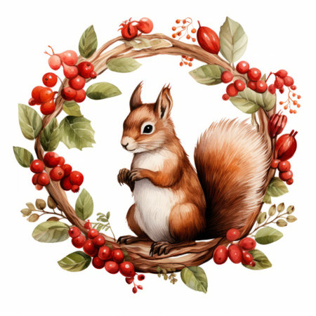 a charming squirrel is depicted in a fantasy-style watercolor illustration, surrounded by a holly wreath adorned with natural berries. this uhd image captures the beauty of nature and showcases the intricate details of the squirrel and the vibrant colors of the wreath. the illustration combines elements of fantasy and realism, creating a captivating and enchanting scene. ai generatedの素材