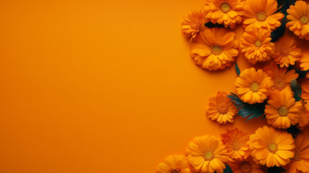 bright colored flowers on an orange background create a vibrant and eye-catching image. the clear copy space allows for versatile usage. the photo showcases a monochromatic color scheme, reminiscent of sculpted impressionism. marguerite blasingame's artistic touch is evident in the composition. the dark yellow hues add depth and contrast. captured with a ricoh gr iii, this photograph beautifully combines natural and man-made elements, with aの素材