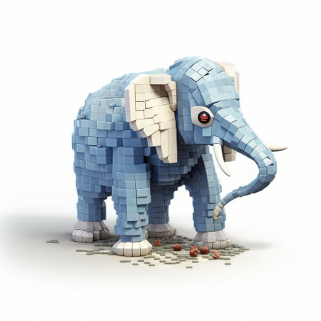 a voxel art elephant sculpture made out of tiles, showcasing intricate character illustrations and algorithmic artistry. this giant money sculpture, with realistic attention to detail, stands out with its light blue color. discover this unique creation on flickr, where creativity and craftsmanship merge seamlessly. ai generatedの素材
