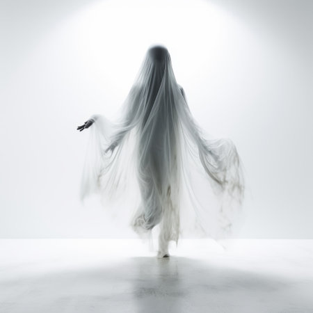 white ghost woman standing and walking into a light room, isolated on a white background. this haunting image, reminiscent of the style of olivier valsecchi, captures the chilling essence of creatures from the gutai group. with elements reminiscent of andy fairhurst's work and the captivating storytelling of national geographic photos, this photograph by kji morimoto is perfect for setting a spooky halloween mood. ai generatedの素材