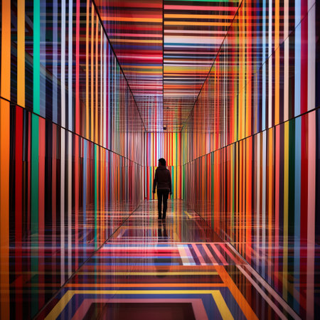 a colorful hallway with striped art is depicted in this photo, showcasing the style of intensely colorful figuration. the composition captures the essence of time-lapse photography and features multi-layered figures. the large-scale installations create a visually striking atmosphere, reminiscent of the work of a color photography pioneer. the use of a camera obscura adds a unique touch, resulting in spectacular backdrops. ai generatedの素材