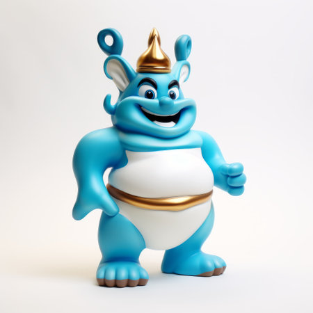the genie toy from the disney movie enchanted is depicted in this photo. created in the style of zbrush, the toy features vibrant colors of blue, red, and white. the cartoony characters are enhanced with color gradients, giving them a unique and playful appearance. inspired by basil gogos and the shang dynasty, the toy has a smooth and shiny finish. ai generatedの素材
