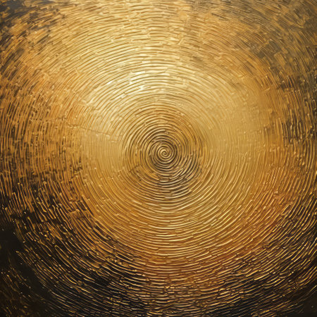 a mesmerizing abstract art piece with a circular design, featuring a blend of gold and silver tones. this artwork, created in the style of traditional oil-painting techniques, showcases a densely textured surface that adds a haptic feel. the whirly patterns and sunrays shining upon it create an eye-catching detail. a stunning example of thai art and oil paintings. ai generatedの素材