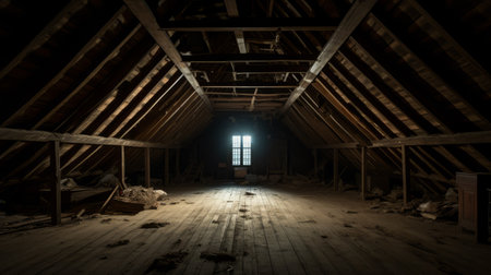 an old wooden attic illuminated by a bright light, showcasing a dark gothic ambiance. this 8k resolution photograph captures the essence of urban decay with careful framing reminiscent of the barbizon school. the image exudes a darkly comedic and contemporary gothic vibe. ai generatedの素材