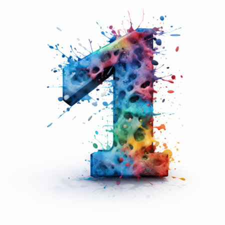 a photo of a vibrant and dynamic number one artwork created using paint. the style of the artwork is influenced by prismatic forms and precisionism, featuring explosive pigmentation and layered imagery with subtle irony. the artwork also incorporates letterboxing and confetti-like dots, creating a visually striking composition. ink-washed techniques add depth and texture to the overall piece. ai generatedの素材