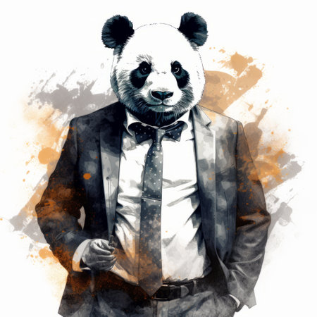 a linocut print of a panda bear wearing a suit and tie, showcasing a unique blend of realistic watercolor paintings, conceptual digital art, and dreamlike illustration. this edgy street art piece combines digital art techniques to create a visually stunning and vibrant uhd image, enhanced with a captivating color splash effect. ai generatedの素材