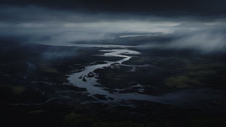 aerial view of a misty colorado marsh, surrounded by a dark and mysterious atmosphere. the vast expanse of black sand stretches beneath a dark sky, creating an eerie and captivating scene. ai generatedの素材