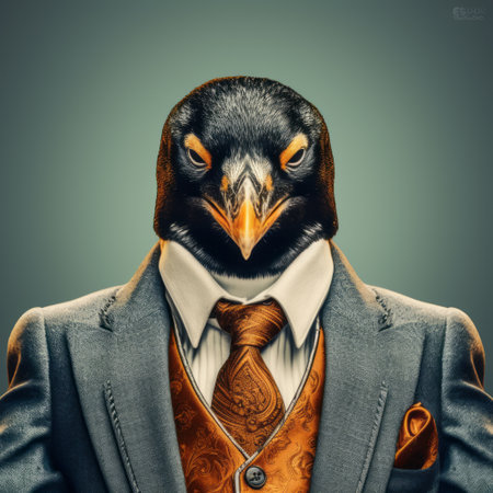 a penguin wearing an orange suit and scarf stands in front of a wall, showcasing a realistic hyper-detailed portrait. this dark surrealism-inspired tabletop photograph captures an elegantly formal scene, reminiscent of life-like avian illustrations. the realistic and emotive portrait of the penguin adds a touch of clockpunk aesthetic to the overall composition. ai generatedの素材