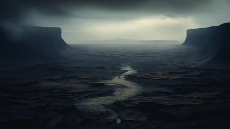 aerial view of a dark and misty waterfall in the mojave desert. the expansive landscape is surrounded by a black mist, with a dark sky overhead. the ground is covered in black sand, adding to the eerie and mysterious ambiance. ai generatedの素材