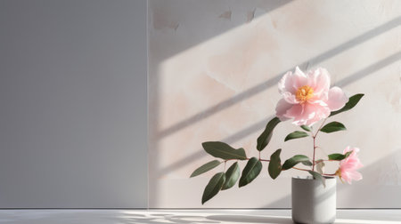white glass vase with sunlit shadow: a minimalist background showcases a stunning arrangement of flowers in a white glass vase. the muted watercolor palettes of light pink and gray create a depth-defying mural-like effect. this photo captures the essence of minimalist ceramics and polished concrete, reminiscent of the style found on sketchfab. ai generatedの素材