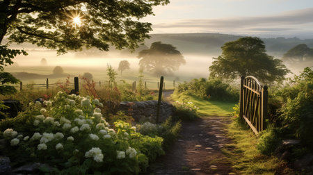 a stunning uhd image of the uk's summer green countryside at sunrise, captured in the style of fantastical street and hudson river school paintings. this associated press and national geographic photo showcases the softly organic beauty of the landscape, reminiscent of intricate and delicate flower and garden paintings. ai generatedの素材