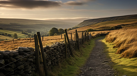 a gravel path winds its way across the hill, guiding the viewer's gaze towards a rustic fence. this atmospheric landscape, captured in a backlit photography style, evokes the essence of british topographical scenes. with its mountainous vistas and creased terrain, this national geographic-worthy photo immerses viewers in the beauty of the natural landscape. ai generatedの素材
