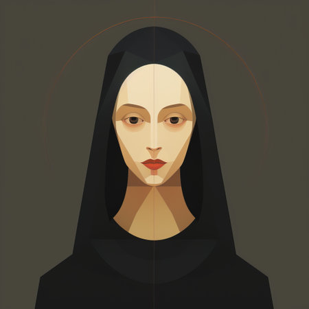a nun with a black hood is depicted in this image, showcasing a geometric symmetry style. the romantic illustration features a restrained palette and a strong facial expression. the flat illustrations create haunting portraits reminiscent of golden age illustrations. ai generatedの素材
