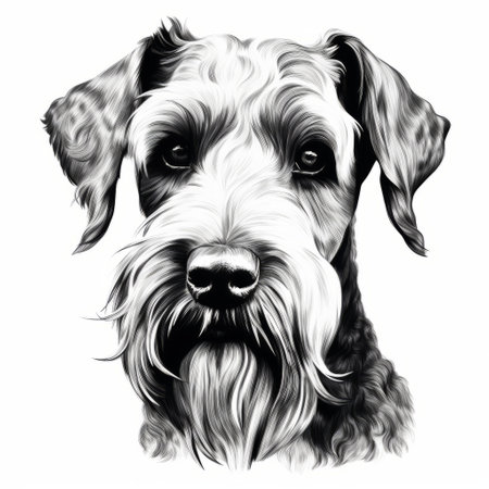 a sketch of a bergerhaude schnauzer dog portrait, showcasing intricate black and white illustrations. this art piece captures the realistic detailing of the breed, with wavy, clean, and sharp inking. the image is presented in 8k resolution, highlighting the fine lines and textures. shot with fujifilm velvia, the gray and amber tones add depth and richness to the overall composition. ai generatedの素材