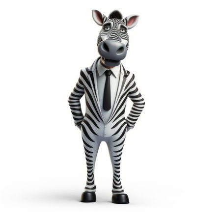 a 3d zebra character in suits, captured in the style of kodak ultramax, showcases explosive pigmentation and smooth lines. this commercial imagery, reminiscent of an associated press photo, exudes a sense of security camera surveillance. ai generatedの素材