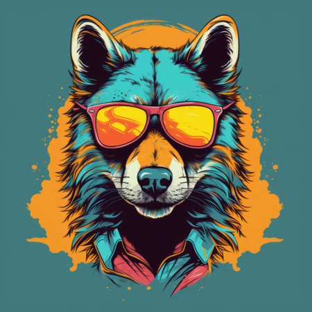 a wolf wearing glasses stands against an orange background in this fashion-illustration style artwork. the dark cyan and cyan tones create a steampunk vibe, while the explosive wildlife theme is brought to life through lively illustrations. the vibrant color scheme adds to the overall impact of this unique and captivating illustration. ai generatedの素材