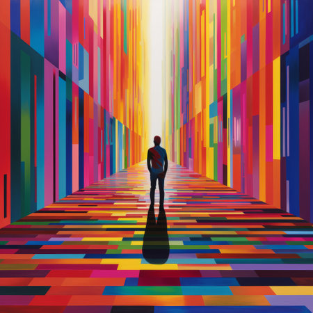 a person stands in a hallway adorned with vibrant, colorful striped walls, reminiscent of a cityscape abstraction. the walls feature psychological phenomena illustrations, creating a fantastical street-like atmosphere. the flattened perspective adds depth to the scene, while the vibrant mosaic of colors creates a captivating visual experience. the overall composition evokes a sense of humanistic empathy through its vibrant colorscape. ai generatedの素材